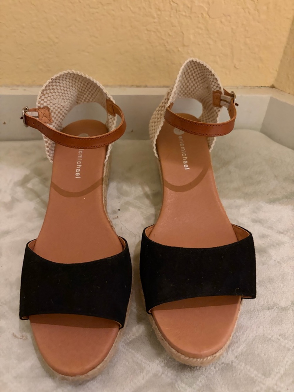 Never Worn Eric Michael Black Suede and Tan Espadrille Wedge Sandals
